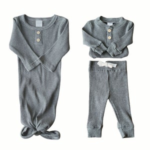 Newborn gender neutral take home outfit. Dark Grey ribbed clothing bundle with knotted gown, henley bodysuit and pants. Sassy Jo's Babies and Bows.