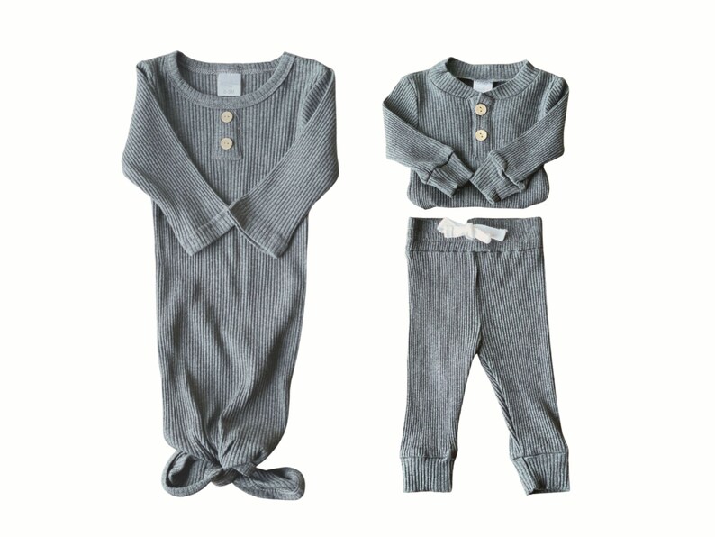 Newborn gender neutral take home outfit. Dark Grey ribbed clothing bundle with knotted gown, henley bodysuit and pants. Sassy Jo's Babies and Bows.