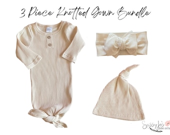 Newborn Ribbed Knotted Gown Set, Gender Neutral Coming Home Outfit