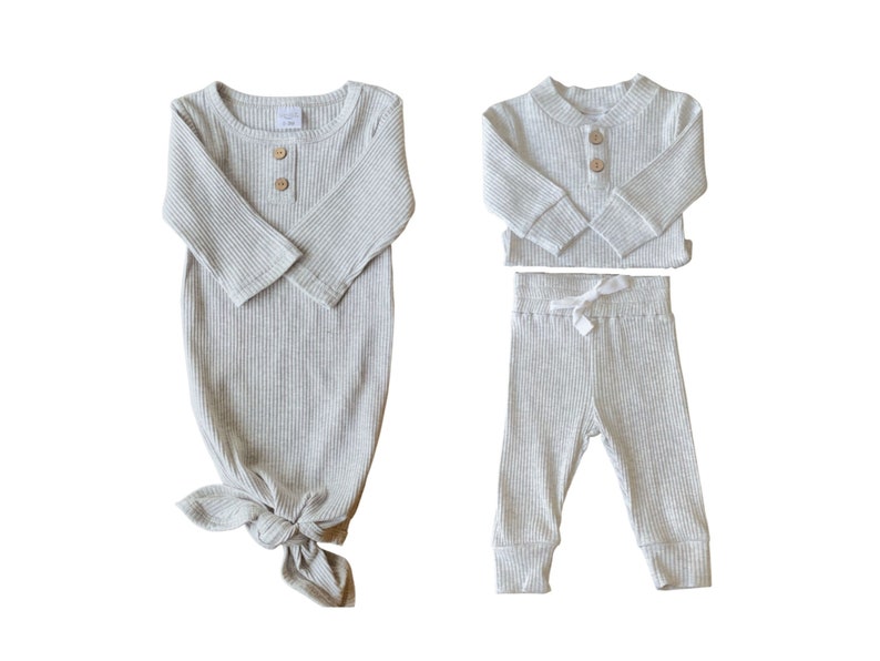 Newborn baby boy take home outfit. Light Grey ribbed clothing bundle with knotted gown, henley bodysuit and pants. Sassy Jo's Babies and Bows.