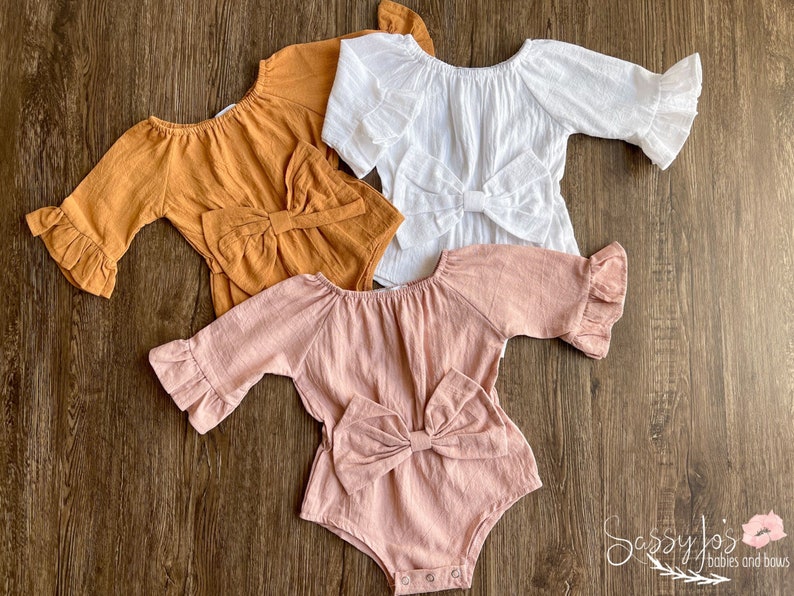 Baby Girl Bell Sleeve Romper, Baby Girl Fall Outfit, Linen Cotton Bow Bodysuit, Baby Girl Winter Clothes, Boho Romper, Baby Shower Gift 