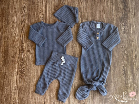 Waffle Knit Baby Outfit, Knotted Gown, Newborn Clothes Bundle