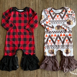 Baby Girl Plaid Christmas Jumpsuit, Baby girl Thanksgiving Romper, Baby Girl Christmas Outfit, Bell Bottoms, Thanksgiving baby clothes