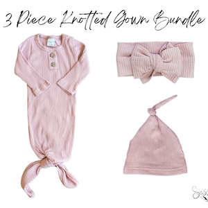 Baby Girl Knotted Gown, Newborn Girl Coming Home Outfit 3 Piece bundle, Baby Girl Hospital Outfit, Baby Girl Knotted Gown
