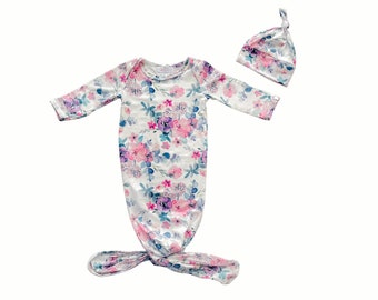 Floral Baby Gown, Hat Headband Bundle, Newborn Girl Outfit