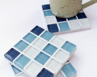 Glass Tile Coaster Set | Handmade Square Coasters | Blue, Black, Green, Grey, and Tan | Limited Quantity | One of A Kind