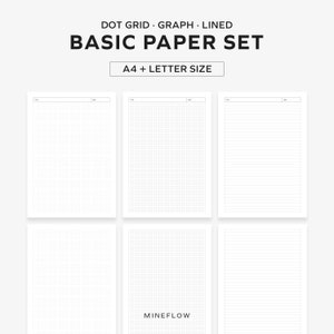 K&ouml;nnte beinhalten: Ein Satz wei&szlig;er Papierb&ouml;gen mit Punkt-, Raster- und Liniendesigns. Der Text "DOT GRID GRAPH LINED" und "BASIC PAPER SET" sind oben zu sehen. Der Text "A4 + LETTER SIZE" ist ebenfalls sichtbar.