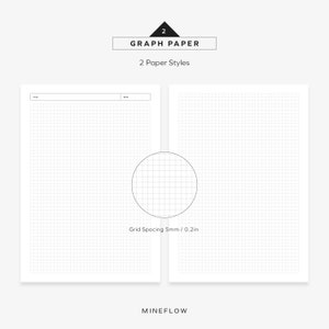 K&ouml;nnte beinhalten: Zwei Bl&auml;tter wei&szlig;es Millimeterpapier mit einem Rasterabstand von 5 mm. Oben auf dem Papier steht der Text "GRAPH PAPER" und "2 Paper Styles". Ein Blatt hat einen Titel- und Datumsbereich. Der Markenname "MINEFLOW" steht unten.
