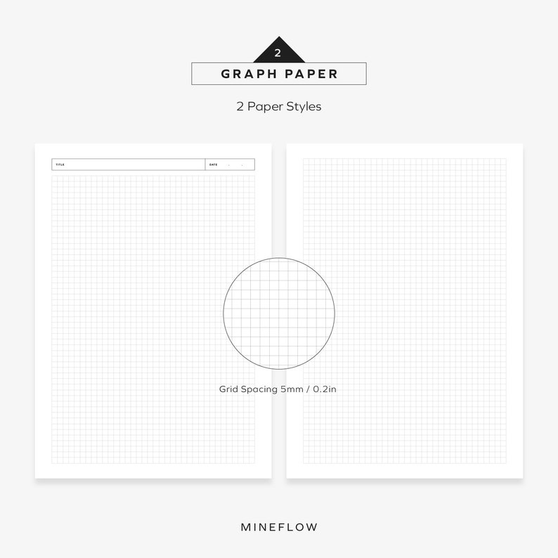 K&ouml;nnte beinhalten: Zwei Bl&auml;tter wei&szlig;es Millimeterpapier mit einem Rasterabstand von 5 mm. Oben auf dem Papier steht der Text "GRAPH PAPER" und "2 Paper Styles". Ein Blatt hat einen Titel- und Datumsbereich. Der Markenname "MINEFLOW" steht unten.