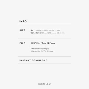 K&ouml;nnte beinhalten: Grafik mit Produktinformationen zum digitalen Download mit dem Text "INFO.", "SIZE", "FILE" und "INSTANT DOWNLOAD". Die Gr&ouml;&szlig;e ist als A4: 210mm X 297mm und US Letter: 215.9mm X 279.4mm angegeben. Die Datei enth&auml;lt 2 PDF-Dateien.