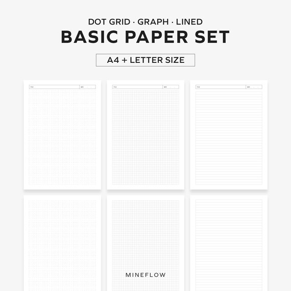 Printable Basic Paper Set - Dot Grid, Graph, Lined / A4 and US Letter size notes template