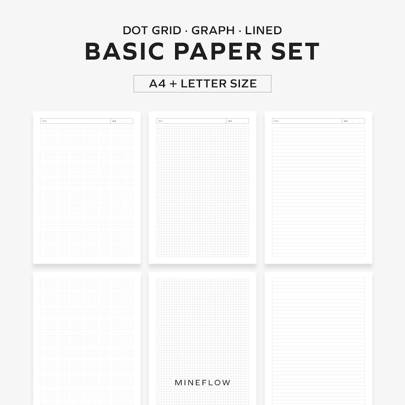 K&ouml;nnte beinhalten: Ein Satz wei&szlig;er Papierb&ouml;gen mit Punkt-, Raster- und Liniendesigns. Der Text "DOT GRID GRAPH LINED" und "BASIC PAPER SET" sind oben zu sehen. Der Text "A4 + LETTER SIZE" ist ebenfalls sichtbar.