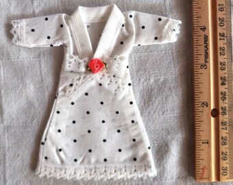 NEW Doll House Miniature NIGHTGOWN fabric with laces may also fit small Barbie Doll white w/ black polka dots and rose ornament.