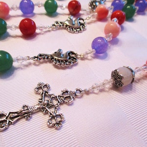 Unicorn Rosary, multicolored rosary, five decades, silver cross, catholic prayer beads,