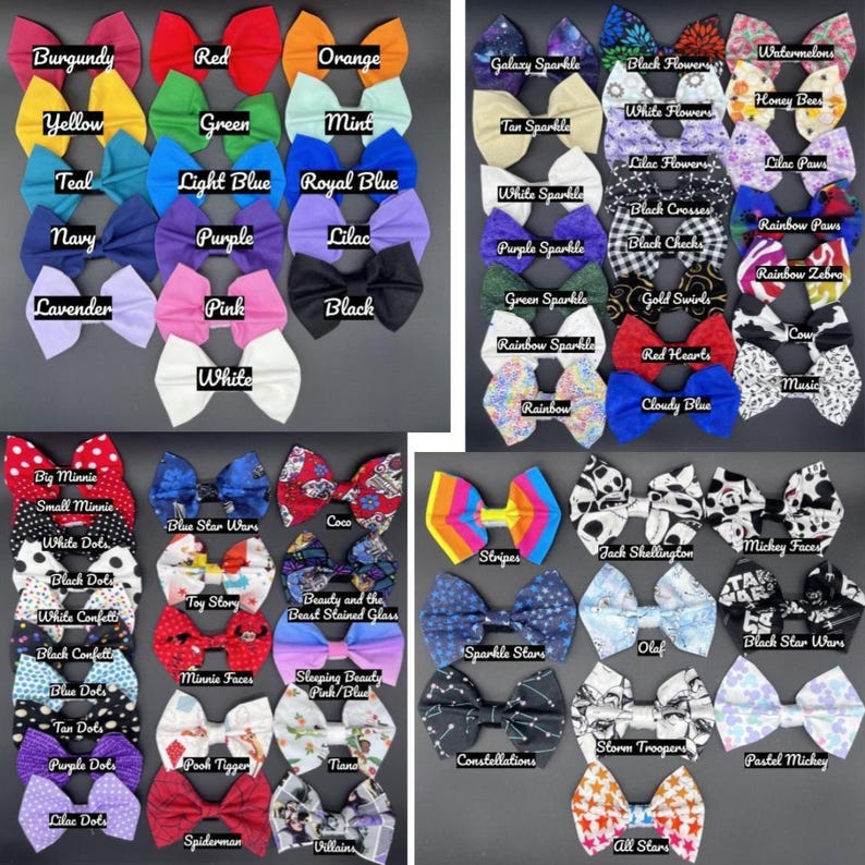 Puede incluir: Una colecci&oacute;n de lazos para el cabello coloridos en varios estilos y patrones. Los lazos est&aacute;n dispuestos en filas, mostrando una amplia gama de colores, incluyendo tonos s&oacute;lidos y dise&ntilde;os estampados con etiquetas de texto.