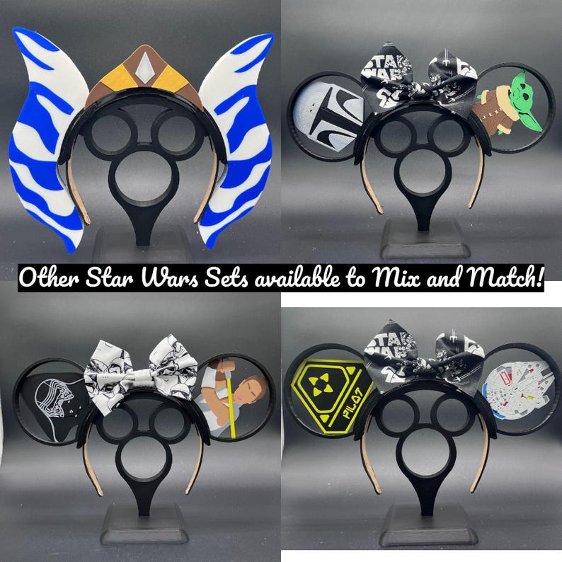 Puede incluir: Cuatro conjuntos de diademas con orejas de rat&oacute;n con tem&aacute;tica de Star Wars. Un conjunto presenta cuernos a rayas azules y blancas. Otros conjuntos incluyen im&aacute;genes de personajes y s&iacute;mbolos de la franquicia Star Wars. El texto dice "Other Star Wars Sets available to Mix and Match!"