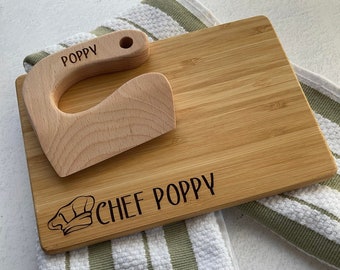 Personalized Set Engraved Kids Bamboo cutting board only and Montessori Knife Set, Kid's Cooking Set, Kitchen Cutting Board and Cutting Tool