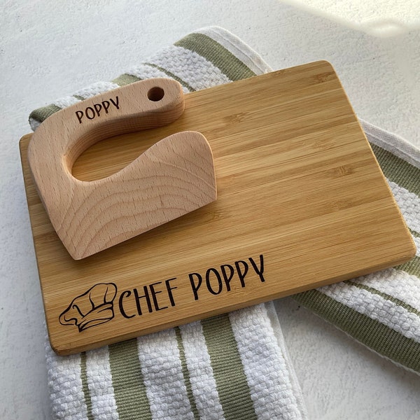 Personalized Set Engraved Kids Bamboo cutting board only and Montessori Knife Set, Kid's Cooking Set, Kitchen Cutting Board and Cutting Tool