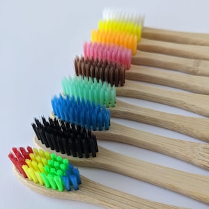 May include: A set of ten bamboo toothbrushes with colorful bristles. The bristles are in the following order: red, yellow, green, blue, black, mint green, brown, pink, orange, and white.