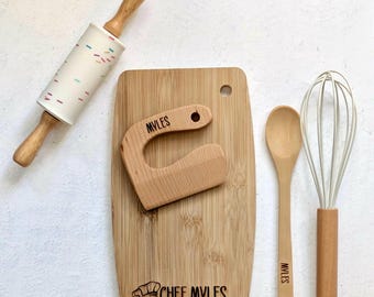 Personalized Engraved Kids Bamboo Cutting Board, Cutter, Spoon, Whisk & Roller Set, Personalized Kid-friendly Cutting Board Cooking Kit