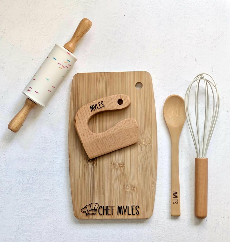 Personalized Engraved Kids Bamboo Cutting Board, Cutter, Spoon, Whisk & Roller Set, Personalized Kid-friendly Cutting Board Cooking Kit