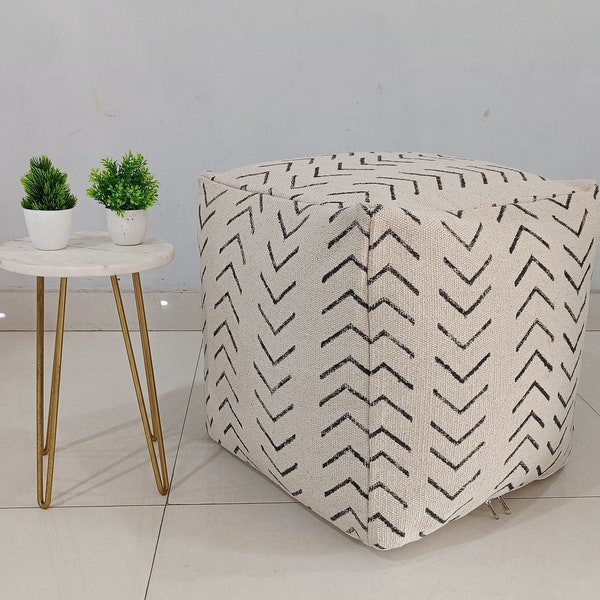 Housse de pouf ivoire chic | Housse de pouf cubique à imprimé bloc | Pouf assis tissé à la main | Housses de pouf Café Décor faites main | Housse pour pouf