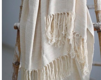 Boho Hand Loomed Cotton Throw 100% Cotton Soft Tassel Blanket Ivory Handmade Bedding Housewarming Gift Sofa Throw Cover 120x170 Cms