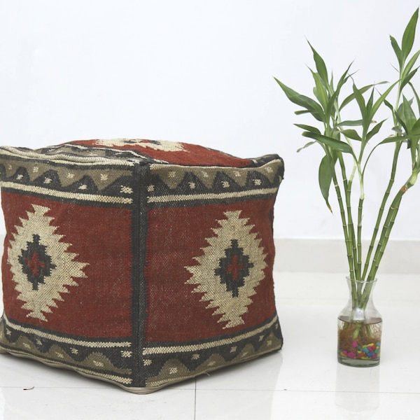 Authentic Handwoven Kilim Pouffe Cover | Decorative Pouf Cover For Farmhouse Décor | Wool Jute Handmade Ottoman Pouf 45Cm x 45Cm x 45Cm