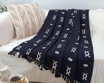 Couvertures élégantes pour canapés, chemin de lit imprimé en noir et blanc, style africain, couverture à franges en coton, jeté de plage 120x170 cm