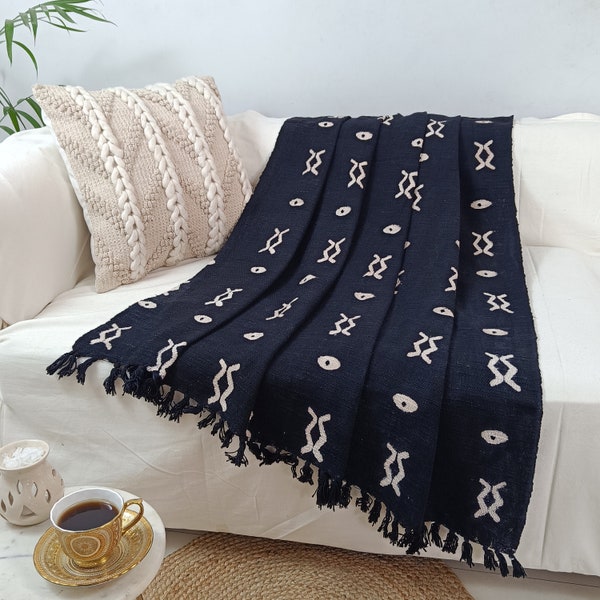 Couvertures élégantes pour canapés, chemin de lit imprimé en noir et blanc, style africain, couverture à franges en coton, jeté de plage 120x170 cm