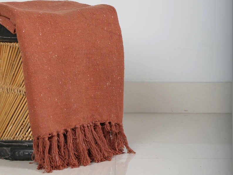 Hand Loom Couch Blanket Solid Rust Throw Tassels Handmade Etsy