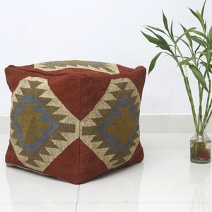 Handmade Kilim Pouffe Cover | Rustic Home Décor Geometric Jute Wool Footstool Cover | Ottoman Berber Pouf Cover 45Cm x 45Cm x 45Cm