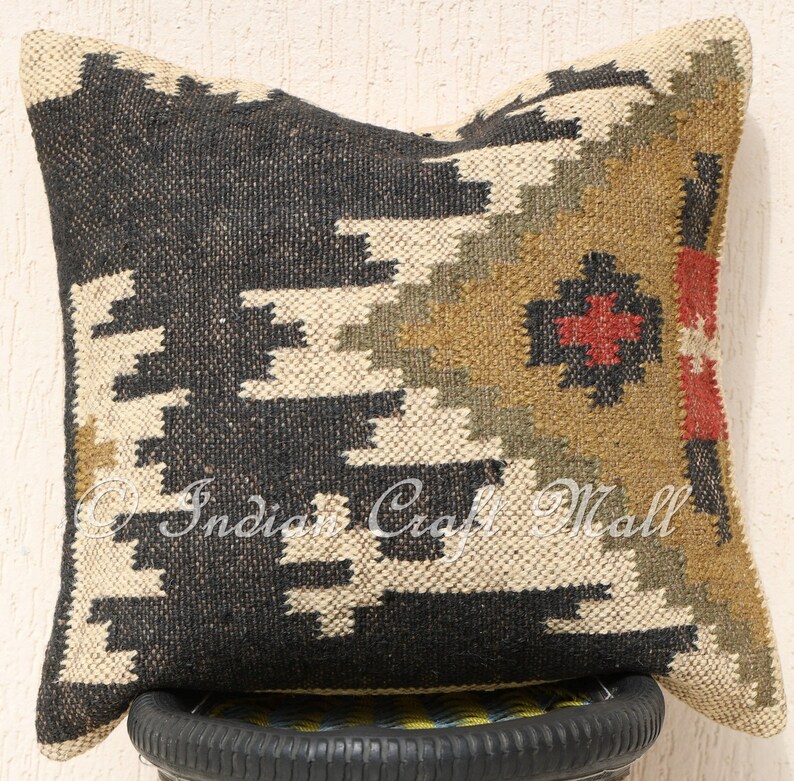 Kilim Pillow Cover Black Kilim Throw Pillow Jute Wool Etsy