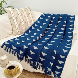 Authentic Hand Block Printed Throw with Tassels | Indigo Mud Cloth Hand Loomed Cotton Textile Decorative Beach Picnic Throw 120x170 Cms