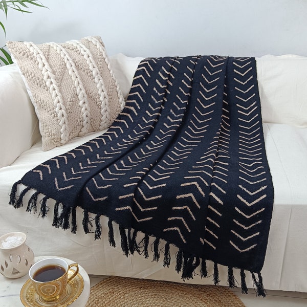 Black and White Throws Mudcloth Bedding | Hand Block Print Blankets Throw Tassels Christmas Decor Hand Dyed Textiles 120x170 Cms Soft Cotton