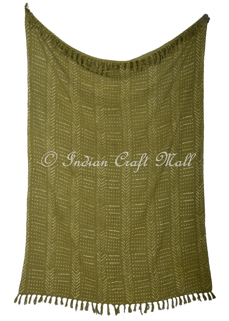 Green Mudcloth Throws for Sofas Authentic Handloom Textiles Blanket Boho Block Print Hand Dyed Bed Throw Linen with Tassels 120x170 Cms