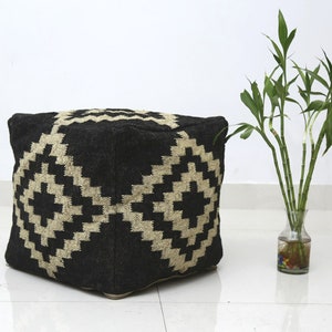 Luxurious Kilim Pouf Cover | Handwoven Jute Wool Footstool Pouffe Cover Geometric Pattern Bed Room Décor Kilim Ottoman Cover Home Décor