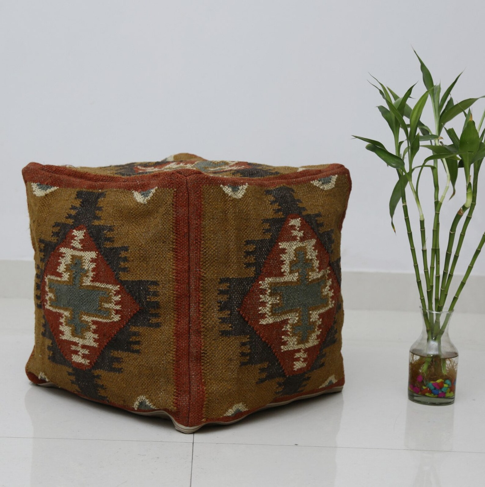 Handwoven Kilim Pouf Ottoman Cover Vintage Jute Wool Pouffe Etsy