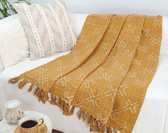 Luxurious Mudcloth Throw Authentic African Style | Décor for Home Hand Loom Blanket Olive Block Print Bed Throw Tassels 120x170 Cms