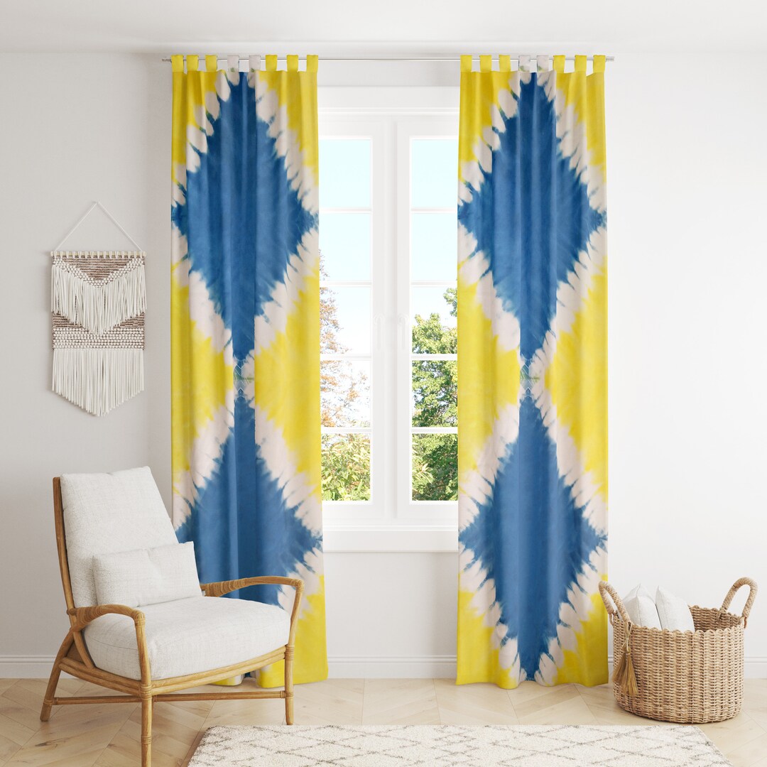 Beautiful Blue and Yellow Door Curtain Classy Geometric Pattern Shibori