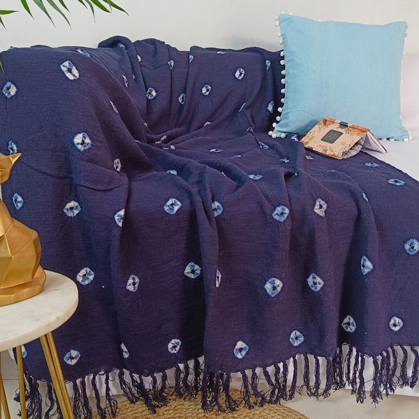 Decorative Sofa Throw | Rich Indigo Tie Dye Throws and Blankets | Handmade Shibori Wrap Shawl | Softened Tassel Dots Design Cotton Blankets