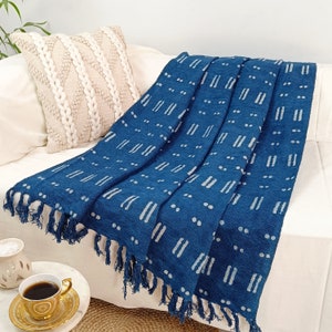 Geometric Pattern Hand Dyed Throw | Indigo Color Hand Block Print Blanket | Sofa Couch Throw Blanket | African Mud cloth Throw Blanket