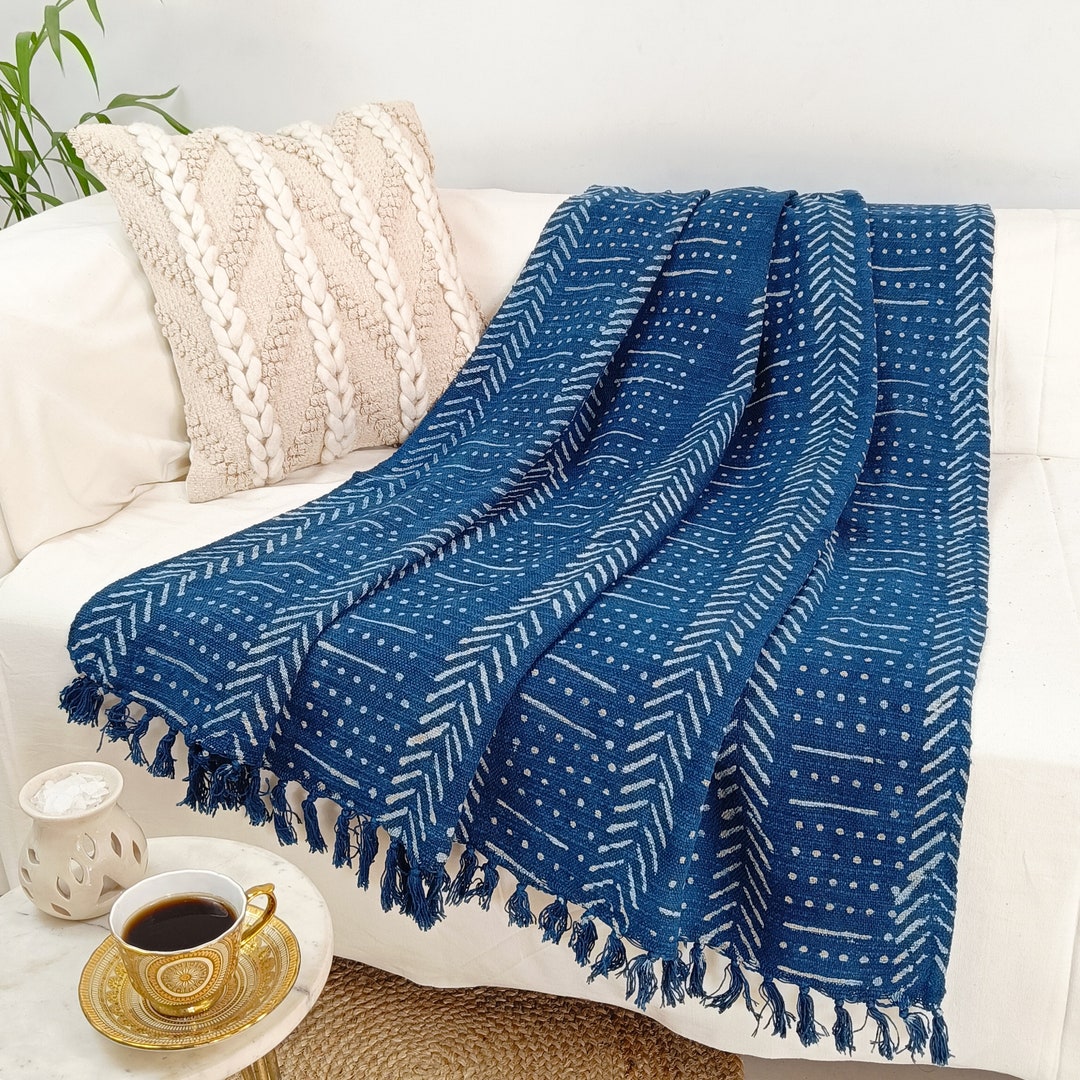 Handmade Indigo Throw Mudcloth Wrap Blanket Decorative Block Printed