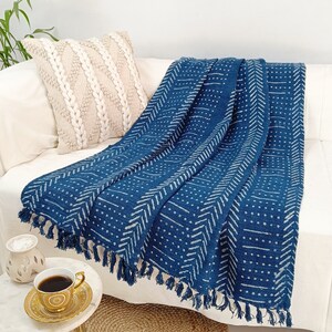 Handmade Indigo Throw | Mudcloth Wrap Blanket Decorative Block Printed Throws Bed Cotton Shawl Wrap Blanket Size : 120x170 Cms