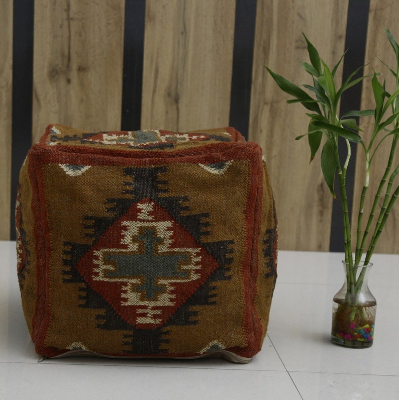 Handwoven Kilim Pouf Ottoman Cover Vintage Jute Wool Pouffe Etsy