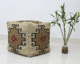 Authentic Kilim Pouf Cover Handwoven Wool Jute Pouffe Cover Ottoman Footstool Berber Floor Pouf Rustic Déco Kilim Ottoman Cover