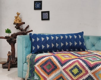 Indigo Color Pillow Cover | Extra Long Mudcloth Lumbar Pillowcase | Hand Dyed Block Print Bolster Pillow Shams | Farm House Rug Throw Pillow