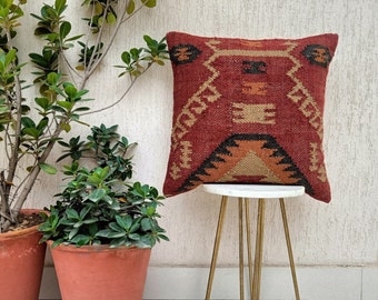 Classy Kilim Pillow Cover | Rust Kilim Pillow Cover | Jute Wool Cover 18"x18" |  Turkish Kilim Cushion Cover | Kelim Cushion Case