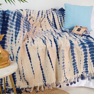 Authentic Indigo Shibori Throw | Handloom Sofa Couch Throw | Hand Tie Dye Cotton Throw | Tasseled Throws and Blankets | Shibori Hand Tie Dye