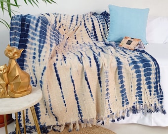 Authentic Indigo Shibori Throw | Handloom Sofa Couch Throw | Hand Tie Dye Cotton Throw | Tasseled Throws and Blankets | Shibori Hand Tie Dye